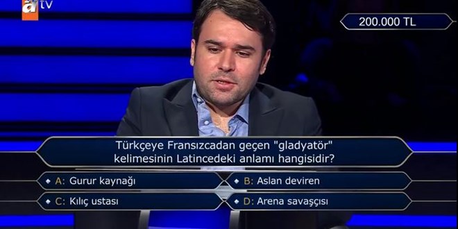 Milyoner'de gladyatr sorusu yarmacy yakt!