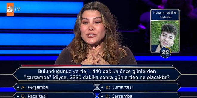 Bulundu�unuz yerde, 1440 dakika �nce g�nlerden '�ar�amba' idiyse, 2880 dakika sonra g�nlerden ne olacakt�r?