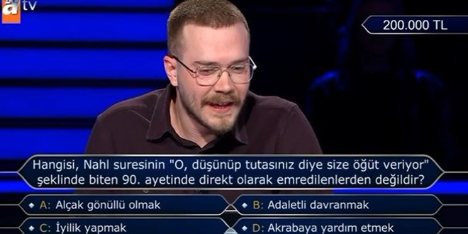 Milyoner'de 200 bin TL'lik Nahl suresi sorusu!